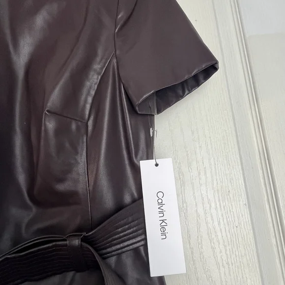 Calvin Klein Faux Leather Sheath Dress Belted Short Sleeve Black Size 6 Calvin Klein Faux Leather Sheath Dress Belted Short Sleeve Black Size 6